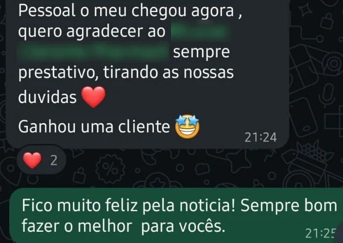 Print real do WhatsApp: cliente agradece o atendimento, diz que o pedido chegou e que a loja ganhou uma cliente; equipe responde